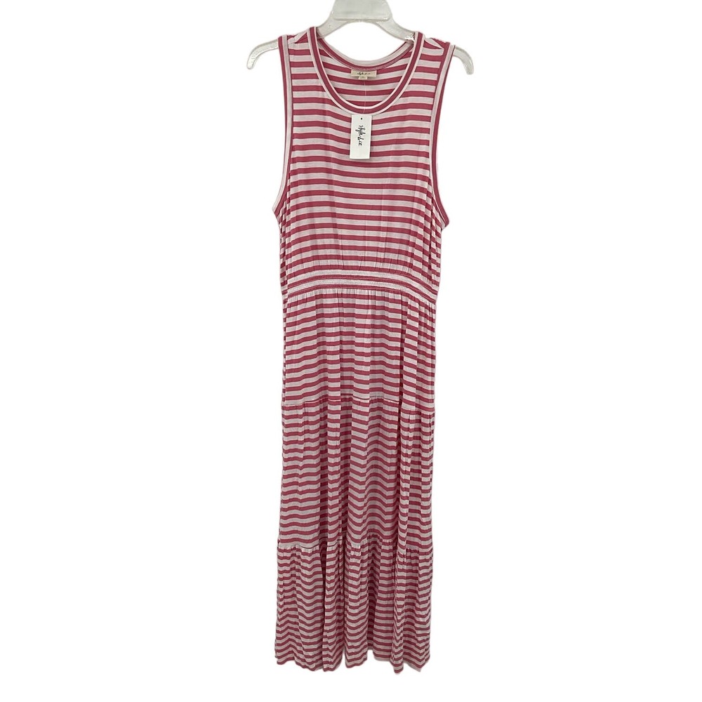 Style & Co Womens Striped Tiered Maxi‎ Dress Coral Pink White XL